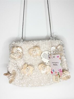 VIRAL Handcrafted in India White Ivory Floral Beaded Bag NWT